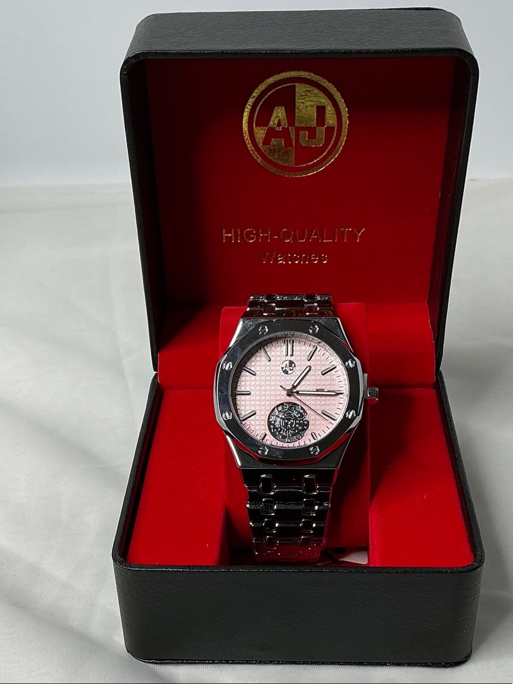 Men’s Stainless Steel Watch with Pink Dial